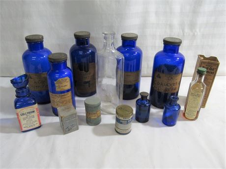 13 Piece Vintage/Antique Apothecary/Blue Bottle Pharmacy Lot