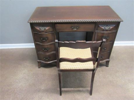 Vintage Knee-hole Desk w/ Serpentine/Bowed Front and Chair