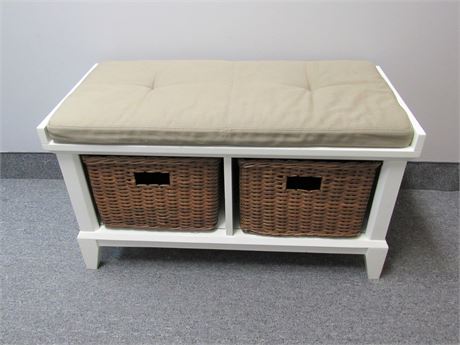 Nice White Finished Storage Bench with Cushion and 2 Wicker Baskets