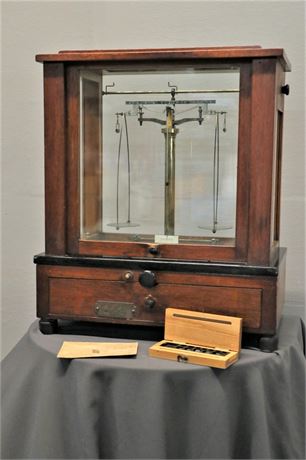 Turn of the Century Vintage Chemical Lab Scale in Glass & Wood Containment Box
