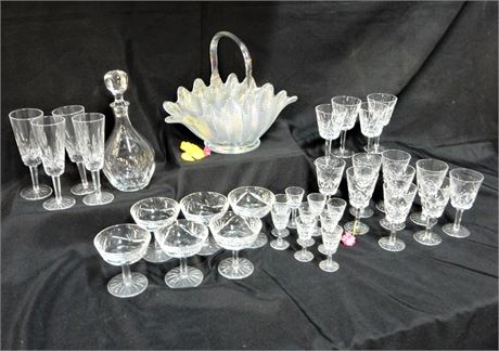 Crystal Iridescent Basket Decanter and Glasses Lot