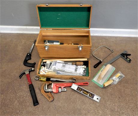 Vintage Wood Tool Box and Tools