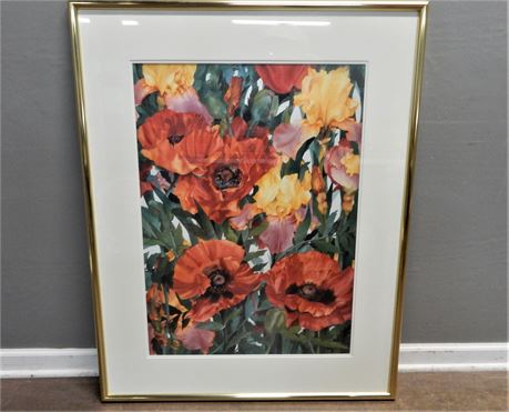 Signed Jan Ford Watercolor Red Poppies and Yellow Iris's Numbered (273/500)