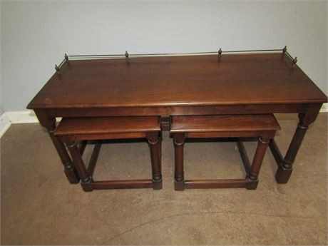 Vintage 3 Piece Writing Desk and Chairs, Dark Wood and Metal Rail Trim