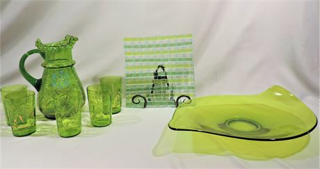 Vintage Green Glass Pitcher / Glasses / Serving Dish