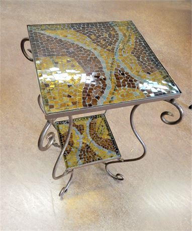 Mosaic Glass Accent Table/Plant Stand with Brushed Bronze Metal Finish Base