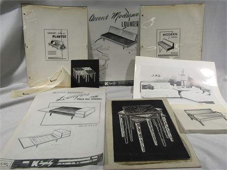 1952 Mid Century Furniture Original Design Art, Etchings, Designs, Kingsley Mfg.