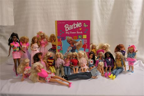 Barbies, Skipper and others, & a BIG game book (like new) & accessories!