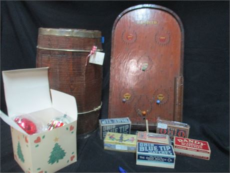 Early American Collectible Lot, Full Box of Matches, Old Game and Wooden Keg