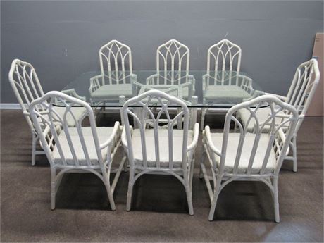 Lexington Furniture Glass Top Rattan Dining Table and 8 Arm Chairs