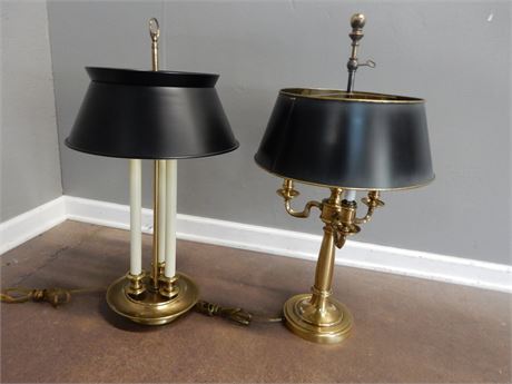 Two Vintage Brass Base Table Lamps with Black Metal Shades
