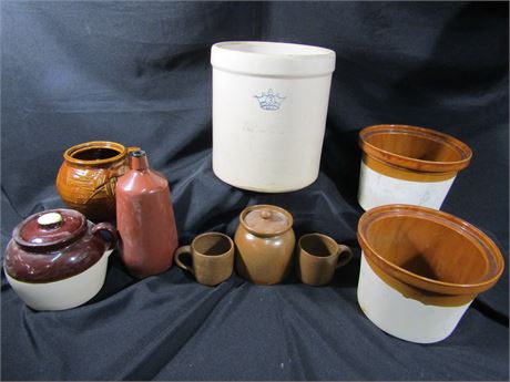 McCoy and Fonseca Pieces, #3 Blue Crown Pottery Crock 9 Pc. Pottery Collection,