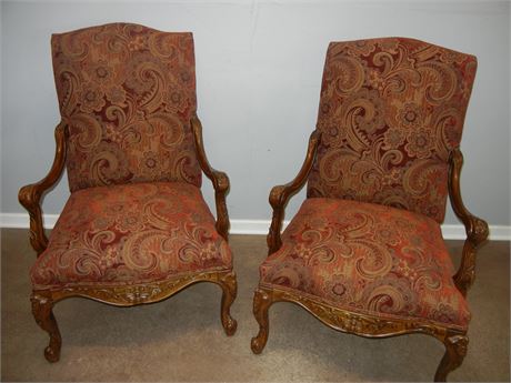 Louis XV Style Arm Chairs, with Burgundy Reds Swirl Cushion