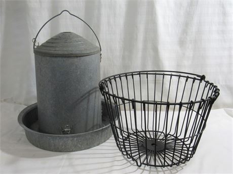Vintage Galvanized Chicken Feeder and Wire Egg Basket