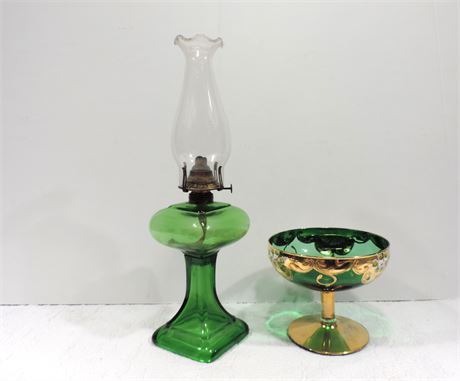 Green Glass Compote / Oil Lamp