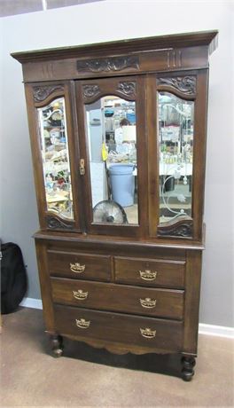 Vintage/Antique Hutch with Beveled and Etched Glass Mirrored Front