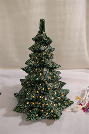 14" tall, Ceramic Christmas Tree with Bird Peg Light display.