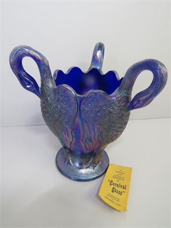 IMPERIAL 3 Swans Blue Carnival Glass Vase