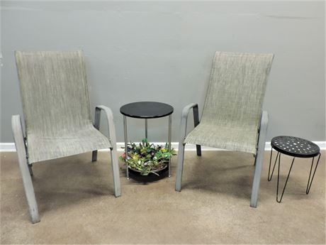 Two Sunroom / Patio Chairs Side Table & Metal Plant Stand