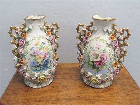 2 Antique Capodimonte Hand-painted Floral Porcelain Vases