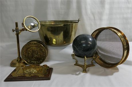 Brass Lot of Vintage Match Holder, Pail, Magnifying Glass, Sieve & Mail Holder