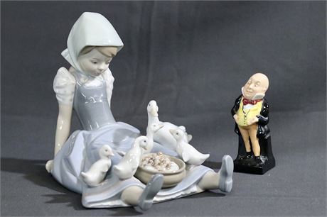 Figurines of Lladro "Girl, Saucepan & Ducks";  Royal Doulton "Micawber"