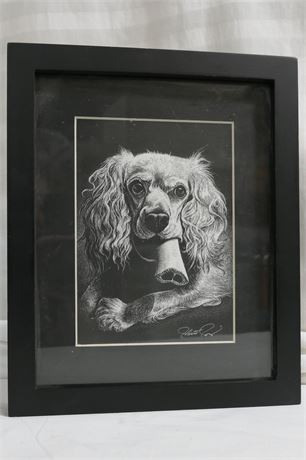 ROBERT POW Cocker Spaniel Dog Signed Decorator Scratch-board Print