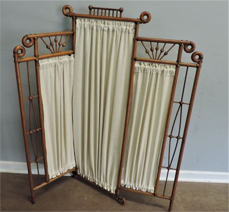 Antique Victorian Carved Wood and Fabric / Dressing Screen / Three Panel