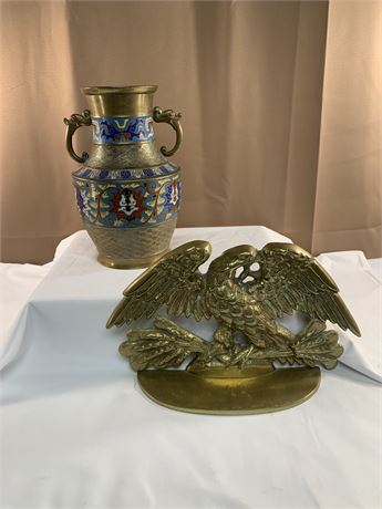 Vase Antique Chinese Bronze Enamel Vintage Brass Door Stop Eagle