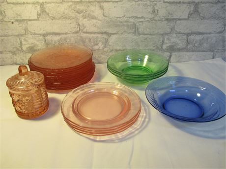 Multi-Colored Green, Blue, Pink dishes and Sugar Bowl