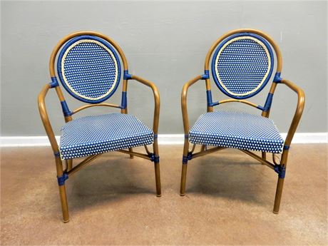 Two Blue and Tan Synthetic Basket Weave Accent Chairs