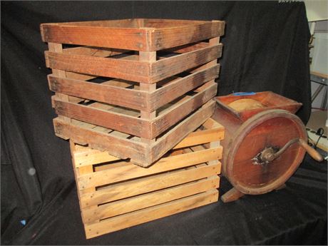 Privative 3 Piece Lot, 2 Old Wood Egg Crates and Old Wood Churn