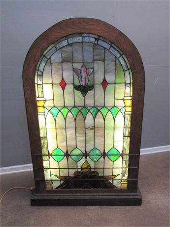 Antique Arched Leaded Stained Glass Window - Lit