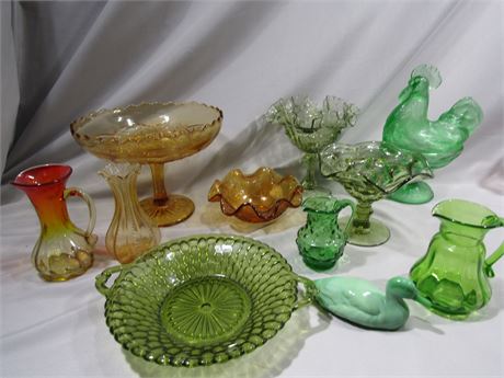Vintage Glassware, Multi-Colored Vase, Pitchers, Plates and Decorative Pieces