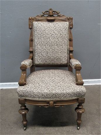 Vintage Eastlake Victorian Walnut Upholstered Arm Chair