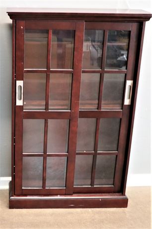 Mahogany Colored Wood Bookcase with Sliding Glass Pane Doors