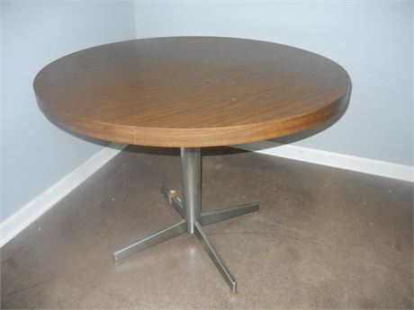 Vintage Round Thick Table, Wood with Metal Base