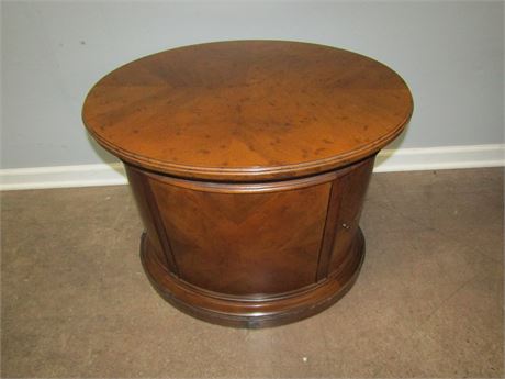 Unique Round Mid-Century Wooden End Table, with Swing Door