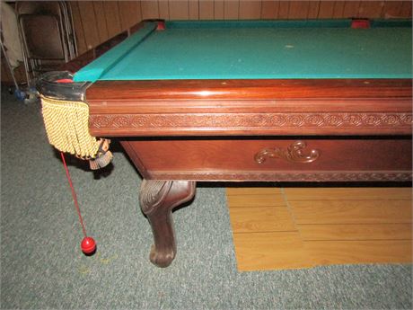 Slate and Wood Carved Pool Table, Accessories Cues, Balls and Storage Rack