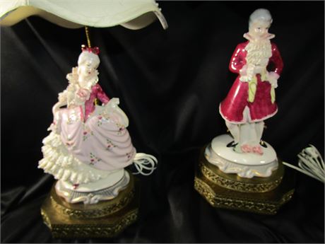 Antique Style Dresden Porcelain Lace Lamps Delicate, Man & Women Figures, Shades