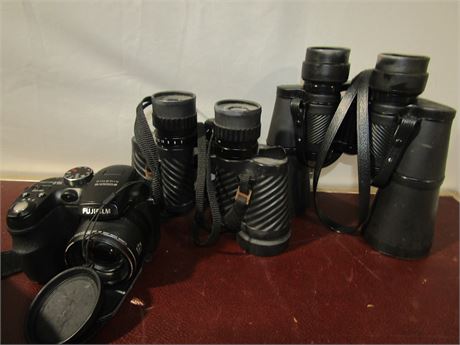 Set of Two Binoculars and Vintage Camera, Simmons and FinePix