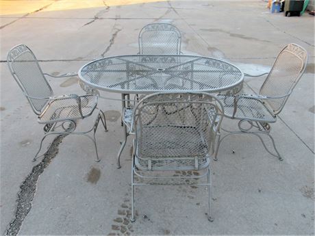 Metal and Wire Mesh Patio Table and 4 Spring Rocking Chairs