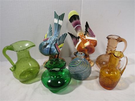 Colored Glassware / Bird Figurine Lot