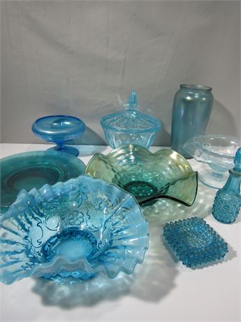 Blue Colored Depression Glass Collection, Vases, Dishes, Plates