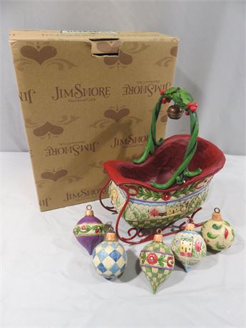 JIM SHORE "Sleigh Bells Ring" Christmas Sleigh & Ornament Set