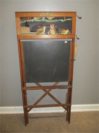Early American Chalk Board, with Hand Painted Bird Art on Roller