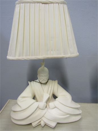 White Glazed Meditating Buddha Ceramic Table Lamp with Shade and Artist Mark