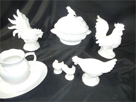 7 Piece White Ceramic Collection, Roosters, Chickens and More