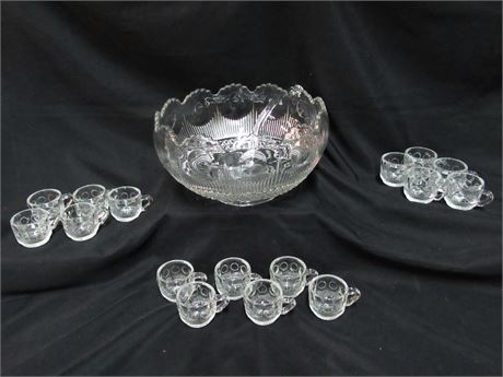 Large Crystal Punch Bowl with Ladle and 16 Cups