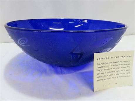 LEANDRA DRUMM Cobalt Blue Etched Glass Bowl